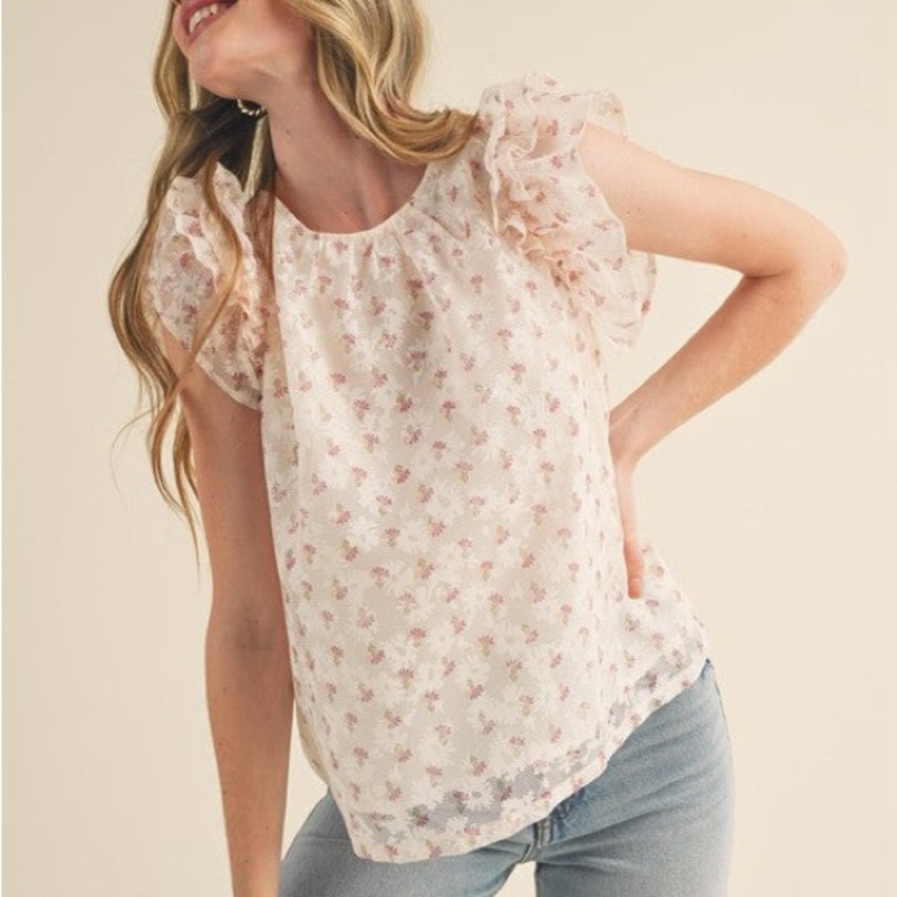 Floral Ruffle Sleeve Women's Top - Cream and Pink
